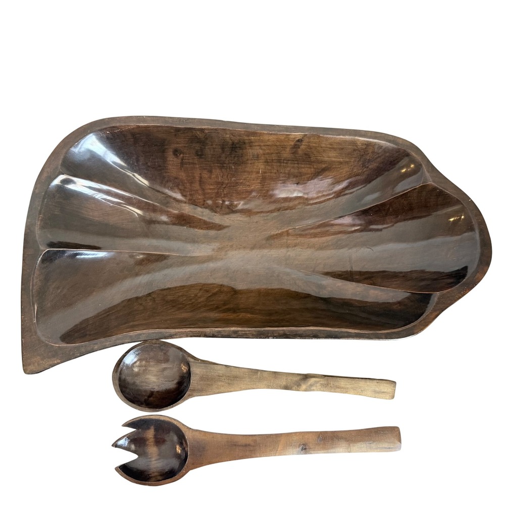 Wooden Salad Bowl Set Large Brown Hand Carved Leaf Shape 3pc Set